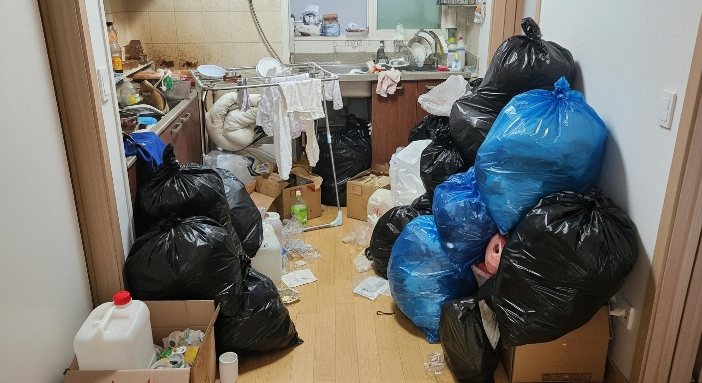 방 안에 적치된 생활용품