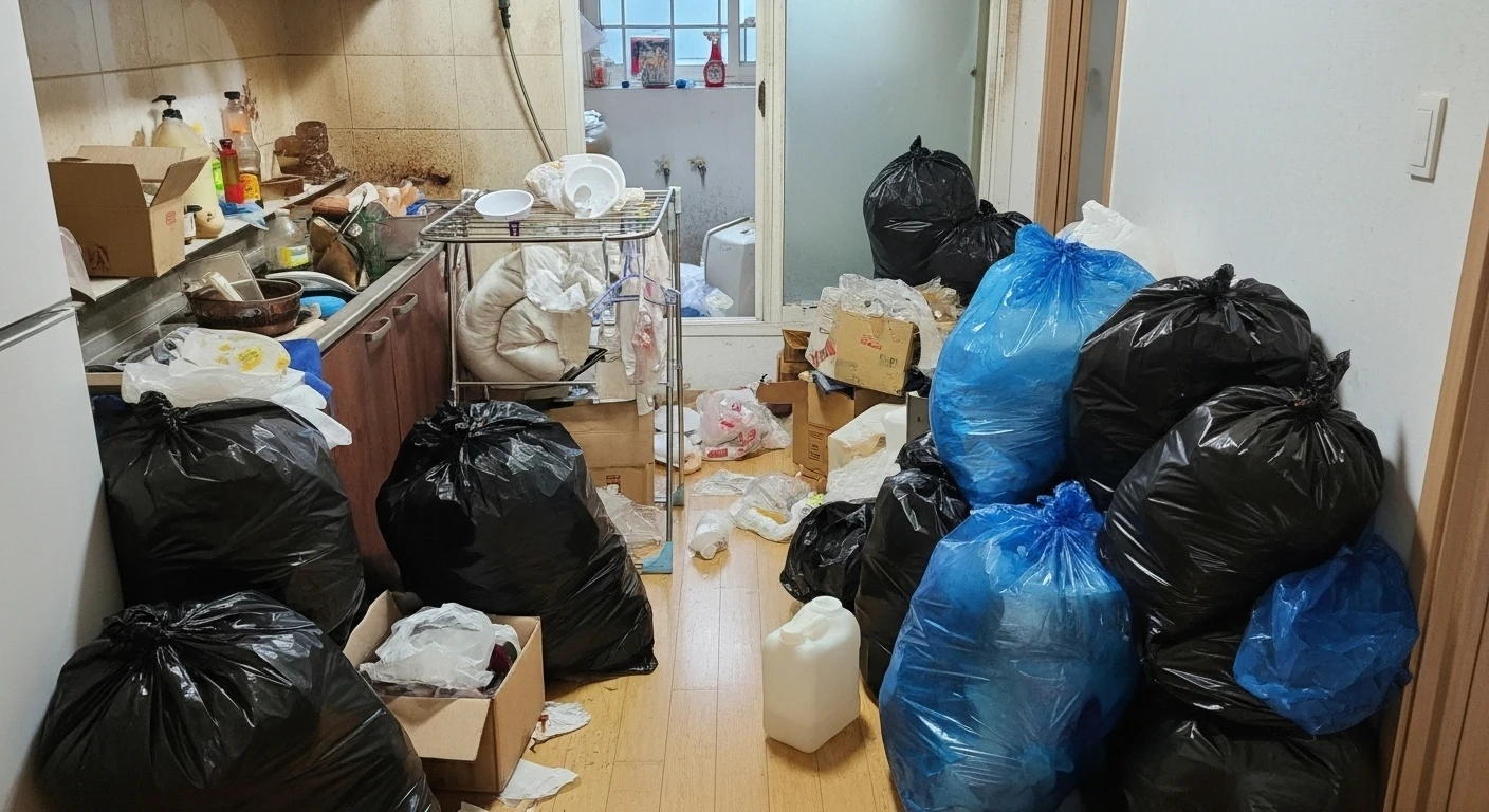 상자와 반출용 봉투가 쌓인 방