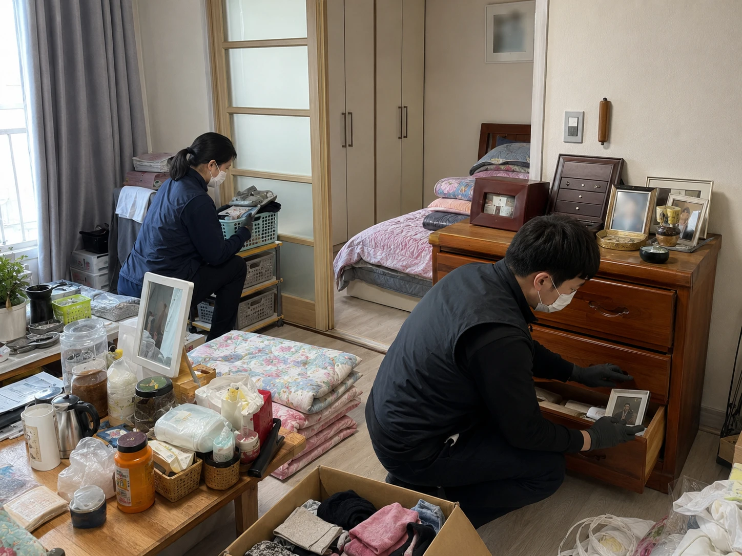가구 주변의 물품을 정리하는 작업자