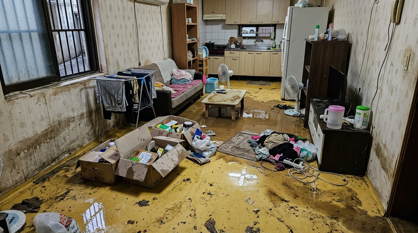 물기에 젖은 바닥과 생활용품