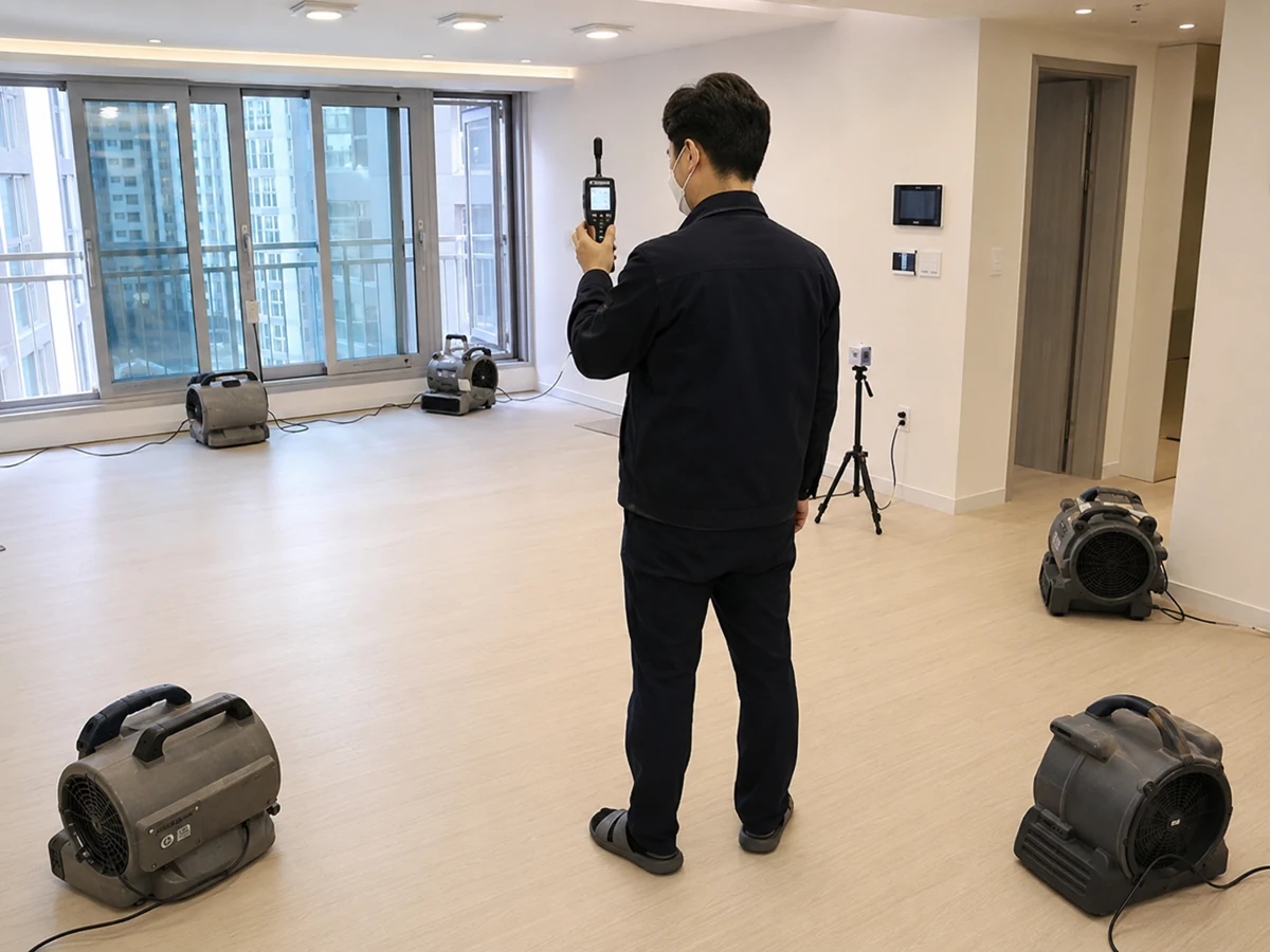 실내 현장 상태를 확인하는 작업자