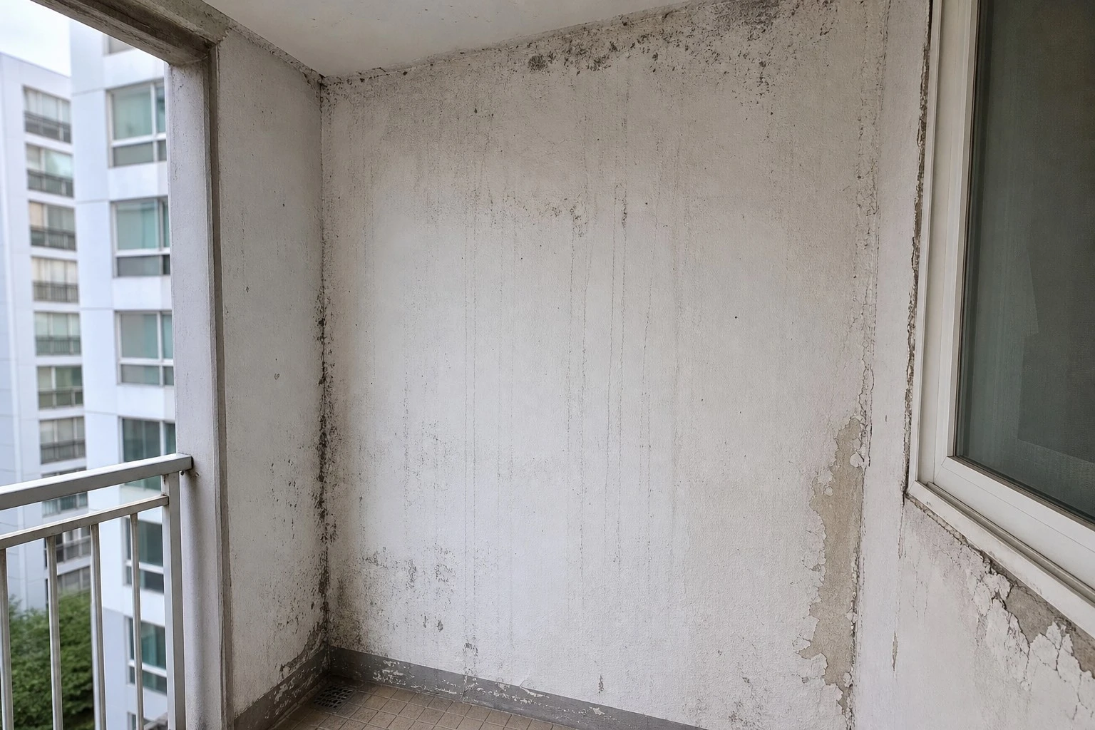 곰팡이가 남은 벽면과 창가